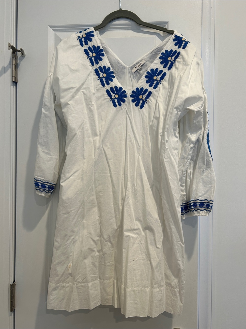 Madewell V Neck Dress with Blue Embroidery